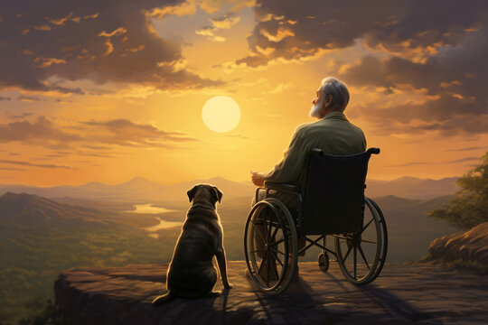 An elderly man in a wheelchair looking out at the sunset and his small dog, in the style of realistic, detailed rendering, human-canvas integration, pastoral, unprimed canvas, the pictures generation,