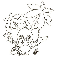 Drawing of a baby elephant for children's coloring. A cute baby elephant stands under a palm tree. Baby