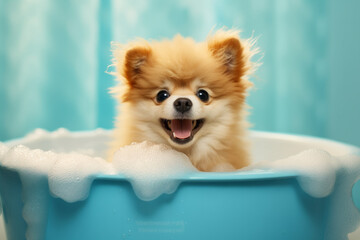 Adorable Dog Takes a Refreshing Bath. Charm overload as a cute dog indulges in a bubbly bath, showcasing irresistible cuteness and the joy of a refreshing soak. Ai generated