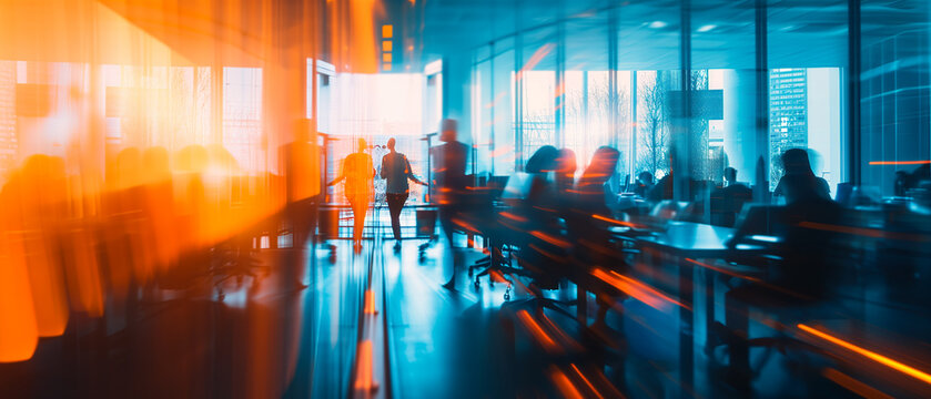 Creative Dynamic Business Banner with Business People Meeting at Table, Abstract Blurred Office Interior in Blue and Orange Tones. Ai generated