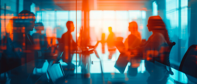 Creative Dynamic Business Banner with Business People Meeting at Table, Abstract Blurred Office Interior in Blue and Orange Tones. Ai generated