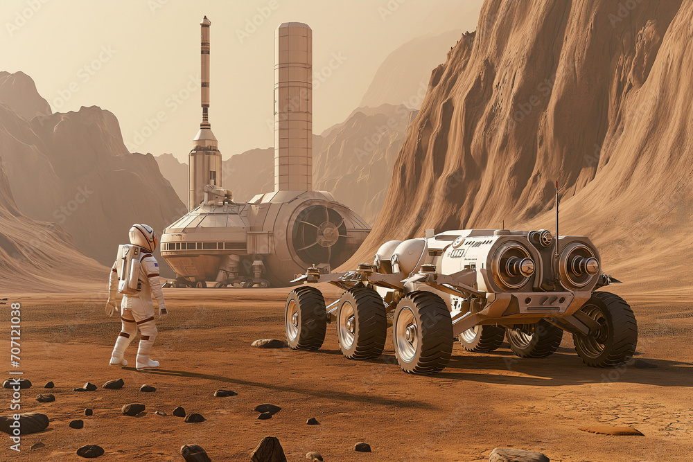 Wall mural futuristic human base on mars. mars rover and spaceman with cutting-edge design, mars bases and a ro