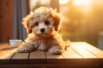 Puppy dog bing image, in the style of soft light, beige and amber, wimmelbilder, poodlepunk, soft-focus, color-streaked

