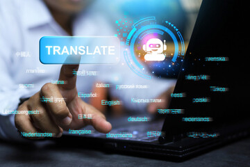 Businessman touch on translation button AI command to translate foreign languages country around...