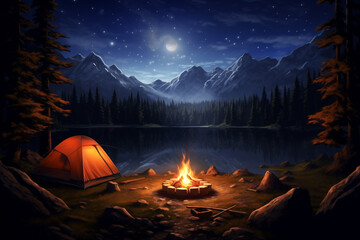 Serene camping scene at night on a lake, where a warm and inviting campfire flickers under a sky filled with countless twinkling stars. Ai generated