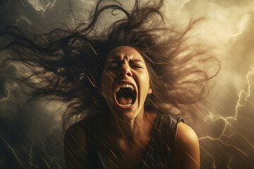 Woman Screaming Amidst Stormy Clouds, Capturing the Intensity of Stress and Inner Turmoil. Ai generated - obrazy, fototapety, plakaty