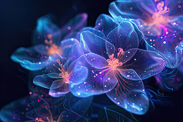 Isolated fantasy bioluminescent flowers glowing in the wild at night for wallpaper
