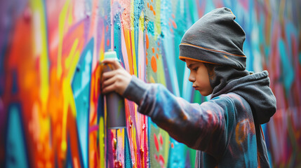 Young Kid in Hoodie and Hat Creates Vibrant Graffiti Magic on City Wall. Ai generated