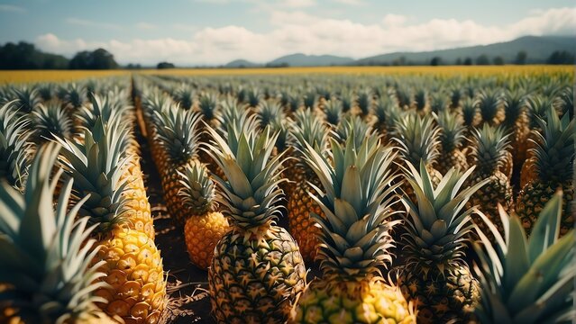 Rows of pineapple plants on a field farm from Generative AI