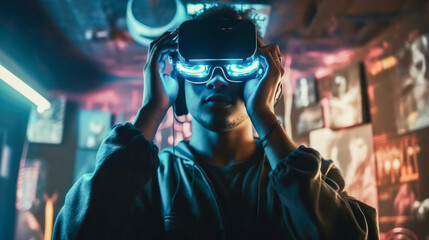 Man using virtual reality glasses on a background with colorful neon lights. Technology, VR, metaverse and future concept. generated with AI.