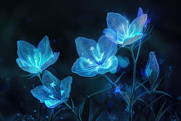 Isolated fantasy bioluminescent flowers glowing in the wild at night for wallpaper