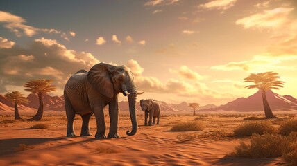Fototapeta na wymiar Two african elephants desert art nouveau style image Ai generated art