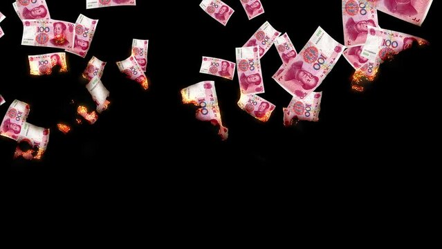 China money Yuan on fire lost money concept, go on business firing money RMB ,profit loss, losers