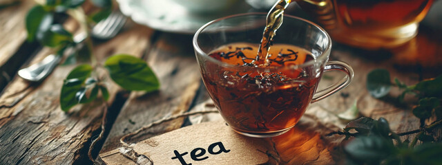 a cup of tea and a teapot with tea on a wooden background.drink. - obrazy, fototapety, plakaty