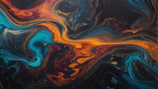 Acrylic pour method art creating a dark cosmic-inspired artwork with swirling colors from Generative AI