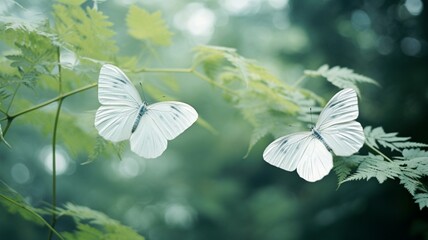 Two flying white butterflies plants image Ai generated art - obrazy, fototapety, plakaty