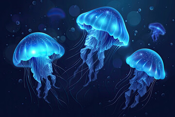 Isolated fantasy bioluminescent jellyfish in the sea - obrazy, fototapety, plakaty