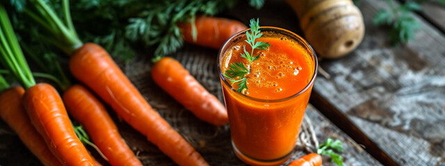Fresh carrot juice in a glass on a wooden table. - obrazy, fototapety, plakaty