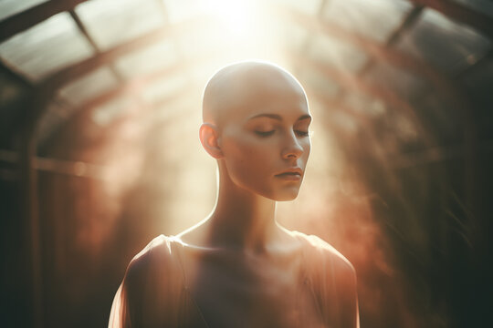  A striking portrait of a bald woman, bathed in ethereal light leaks, symbolizing hope and strength in the face of cancer. World Cancer Day concept.