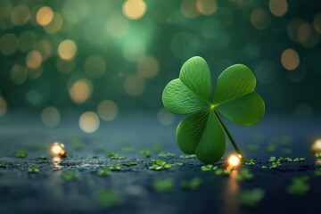 Clover shamrock on blurred background with lights. Generative AI