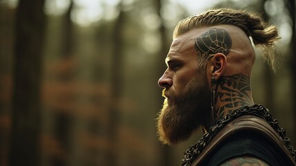 A tattooed man with a mohawk stands contemplatively in a forest, his tattoos merging with the wildness of nature around him.