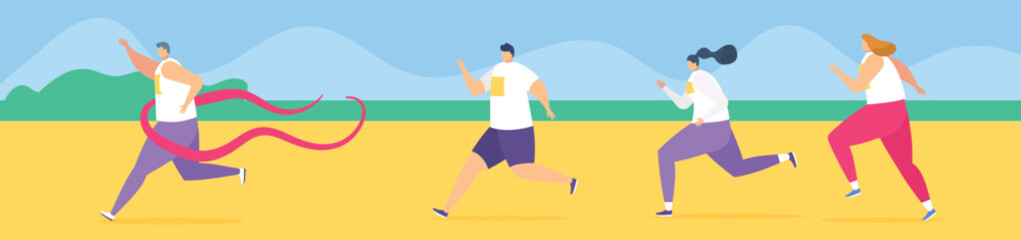 Four diverse people running in a race, athletes competing in an event, dynamic movement. Outdoor sporting competition, endurance challenge vector illustration.