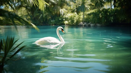 A graceful white swan floats serenely on the calm waters of a lush tropical oasis, surrounded by vibrant green foliage.