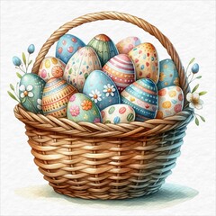 A basket filled with vivid tulips and a single detailed Easter egg, symbolizing spring's arrival, Illustration for Easter Day, Watercolor style.