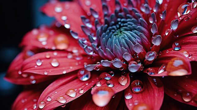 Close-up view of a vibrant red gerbera daisy with delicate dew drops adorning its petals, highlighting natural beauty.