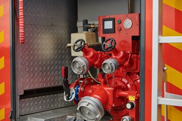 Close-up of essential firefighting equipment on a modern firetruck, showcasing tools and gear ready for emergency response to hazardous fire situations