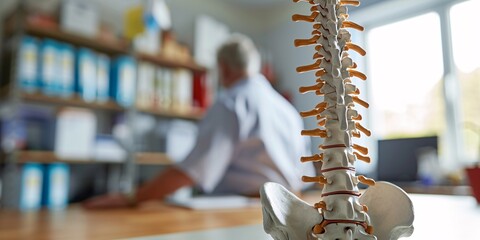 Spinal model displayed on desk in therapist's clinic. Male adult undergoing spine evaluation by physical therapist in blurred background. - obrazy, fototapety, plakaty