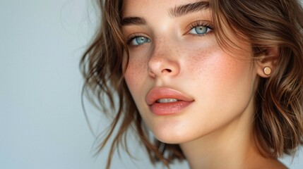 Stunning female portrait with a gold earring, chic bob hairstyle, and flawless makeup showcasing a gorgeous nose and full lips in a seductive side view. - obrazy, fototapety, plakaty
