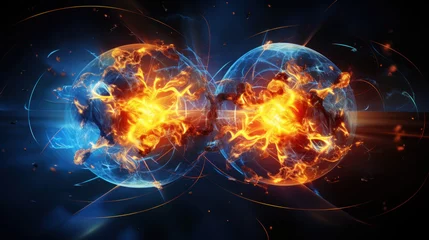 Foto op Aluminium Scientific concept of depicting the fusion of two atoms. Sci-fi background. Quantum physics. Generative AI © kovalovds