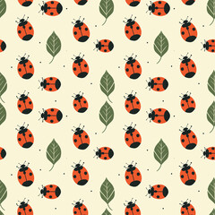 Ladybug on a leaf seamless pattern. Can be used for gift wrapping, wallpaper, background