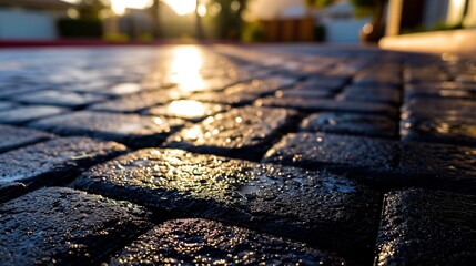 Detailed view of brick preservative coating for newly built house driveways. - obrazy, fototapety, plakaty