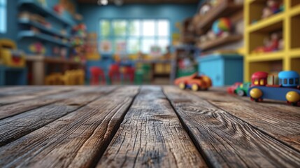 Wooden table on blurred children's room background with toys, showcasing products. - obrazy, fototapety, plakaty