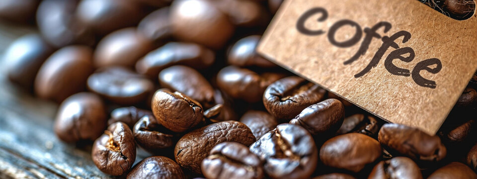 Roasted coffee beans close-up background and inscription coffee.
