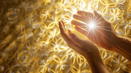 Male hands with radiant white starlight between, set against a golden Flower of Life backdrop, perfect for a spiritual holistic healing concept. - obrazy, fototapety, plakaty