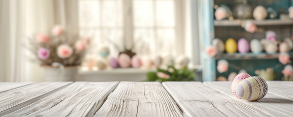 White wooden table with a bouquet of flowers in a vase, eggs and a beautiful Easter background - obrazy, fototapety, plakaty