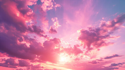 Pink sky Background. Shiny white, purple and pink beauty clouds background. Cloudy Sky. Moving Pink Clouds On Sky with Bright Sun Wallpaper
