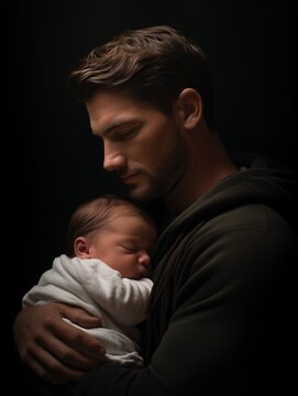 A picture of a new father embracing his infant child, embodying the idea of paternal adoration on Father's Day.