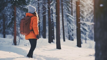 A female wearing winter coat with faux fur and backpack hiking in snowy pine woods.
