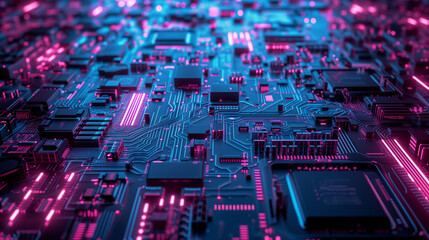 Obraz premium electronic circuit board, Blue Synthwave Cyberpunk Cyber Matrix Grid Tech Motherboard Circuit board, Ai generated image