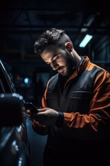Fototapeta na wymiar shot of a car mechanic using his phone at work