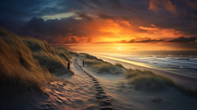 sunset over the beach, sand path to North sea at sunset, Ai generated image