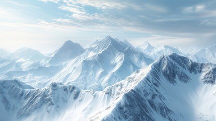 Snow covered mountains in winter, Photo of a majestic snow-covered mountain range under a clear blue sky,  top of snowy mountain range, Ai generated image 