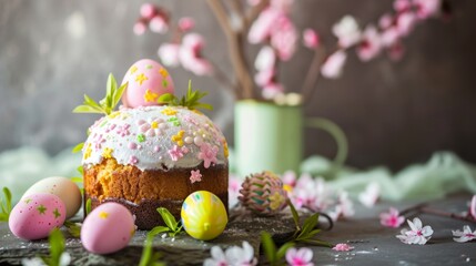 Spring Easter Cake with Pastel Eggs.
Pastel Easter eggs with a frosted cake and spring blossoms.