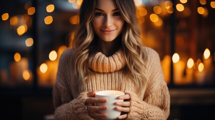 Girl in brown knitted sweater holding cup of coffee