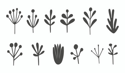 A collection of black and white vector icons of leaves and flowers of various shapes, presented in a minimalist style.