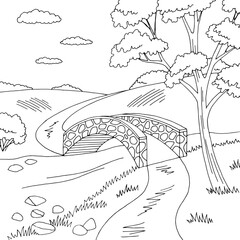 Bridge graphic river black white landscape sketch illustration vector 